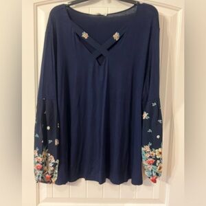 Size 3 (24) Maurices navy floral print long sleeve blouse- strappy neckline-new